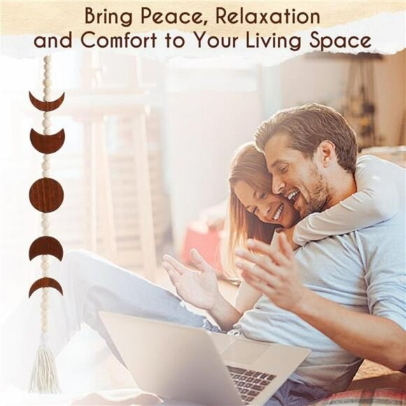 Moon Phase Wall Hanging Boho Wood Bead Tassel Decor for Bedroom Living Room - Picture 5 of 7